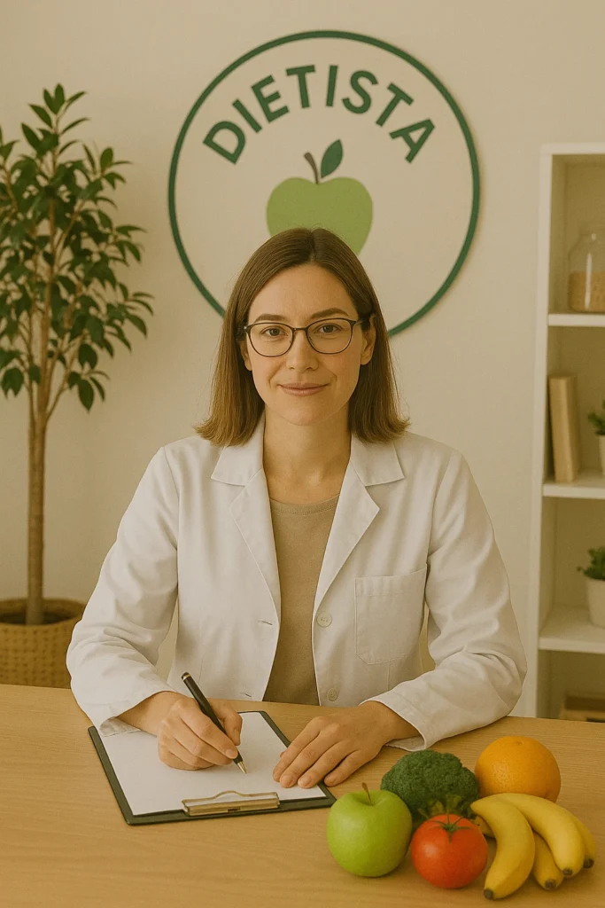 Dietista escribiendo en una hoja con frutas y vegetales en su escritorio.