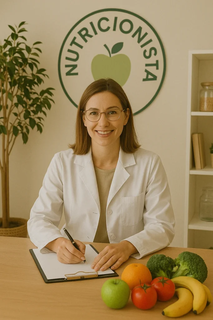 Nutricionista con bata blanca escribiendo en su consulta, rodeada de frutas frescas.