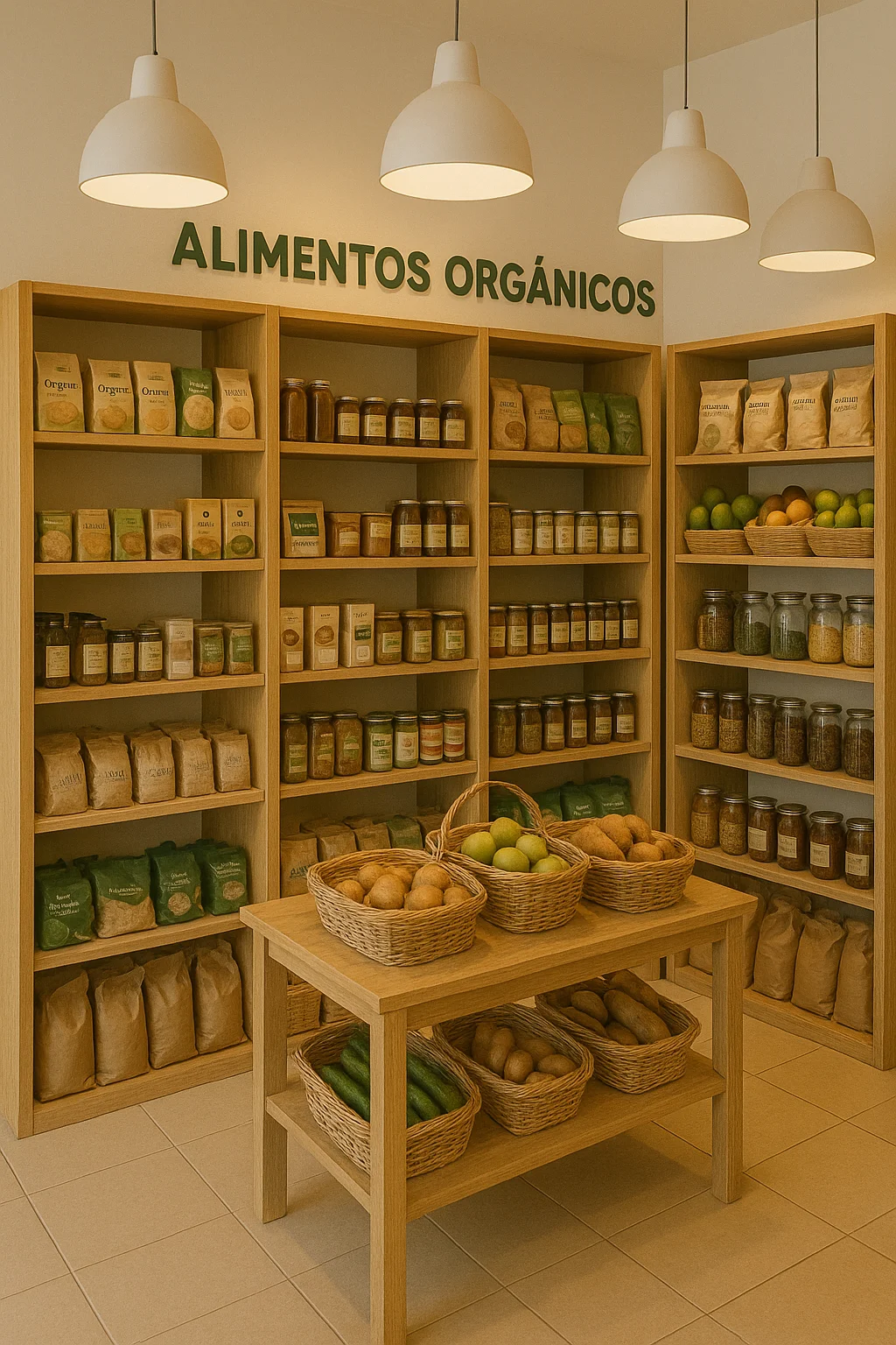 Estanterías de madera con productos orgánicos y canastas con frutas y vegetales frescos.