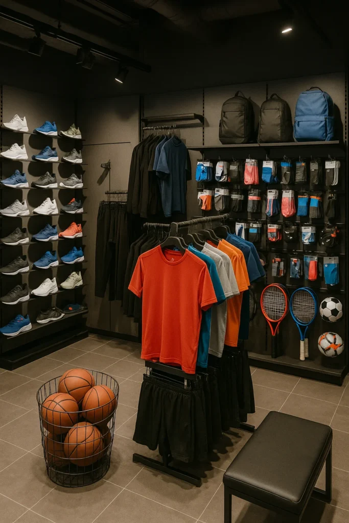 Interior de una tienda de deportes con ropa, calzado e implementos deportivos organizados.