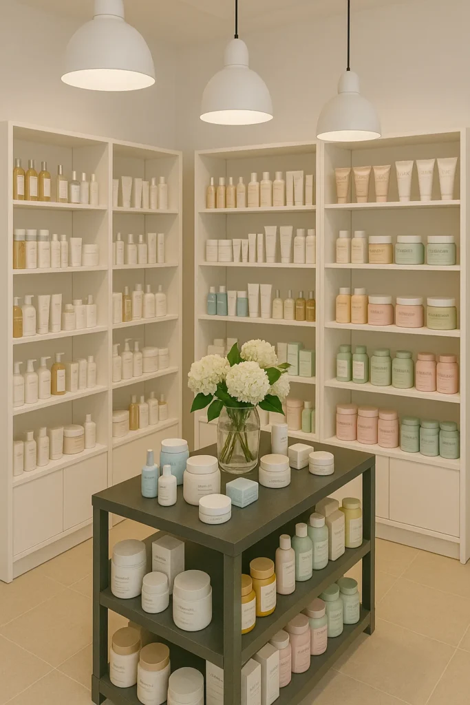Interior de una tienda de belleza con productos cosméticos y de cuidado personal en estanterías blancas.