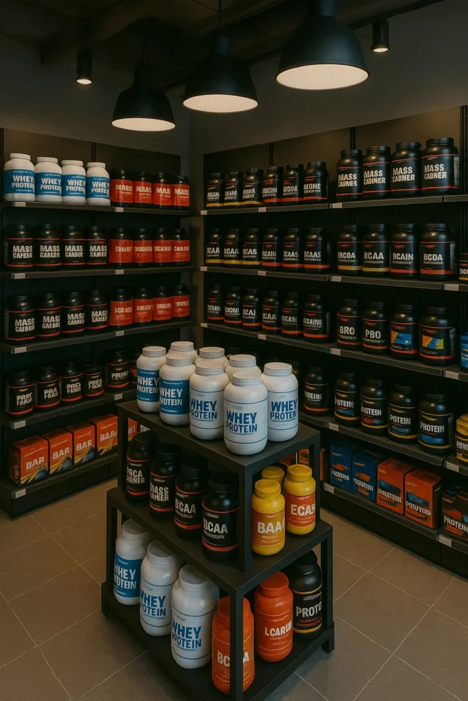 Estanterías con proteínas, creatina y suplementos deportivos en una tienda especializada.